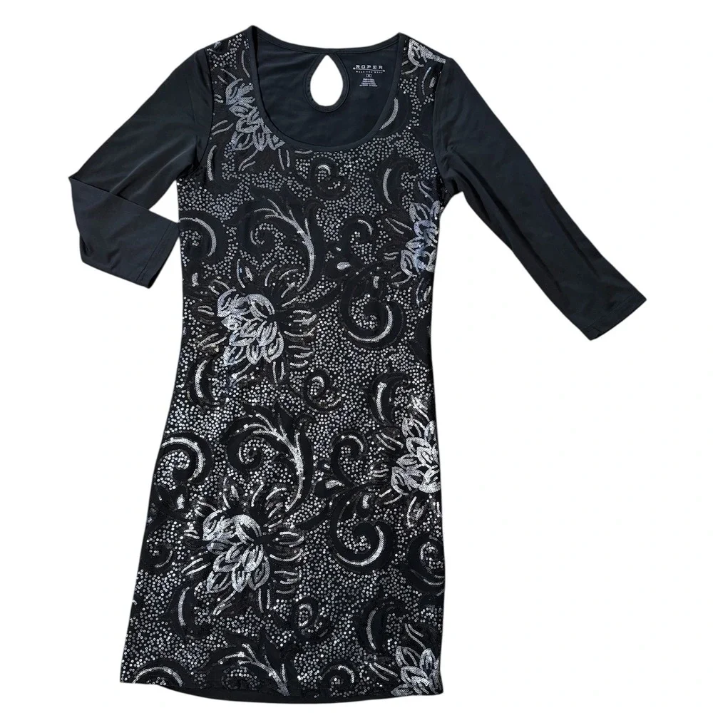 Roper Black Sequin Floral Swirl 3/4 Sleeve Keyhole Dress Women's‎ S Cowgirl